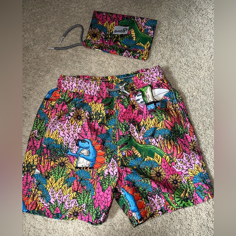 Pink and Green Tropical Swim Trunks with Elastic Waistband